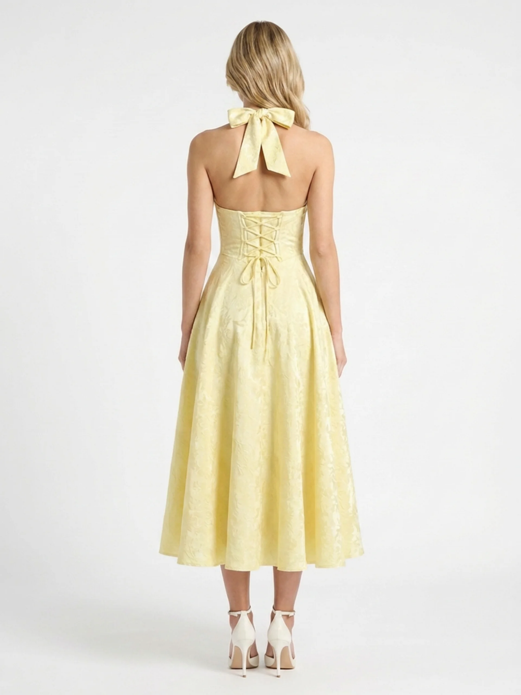 SAFFRON Women's Halter Corset Midi Dress with Full Skirt
