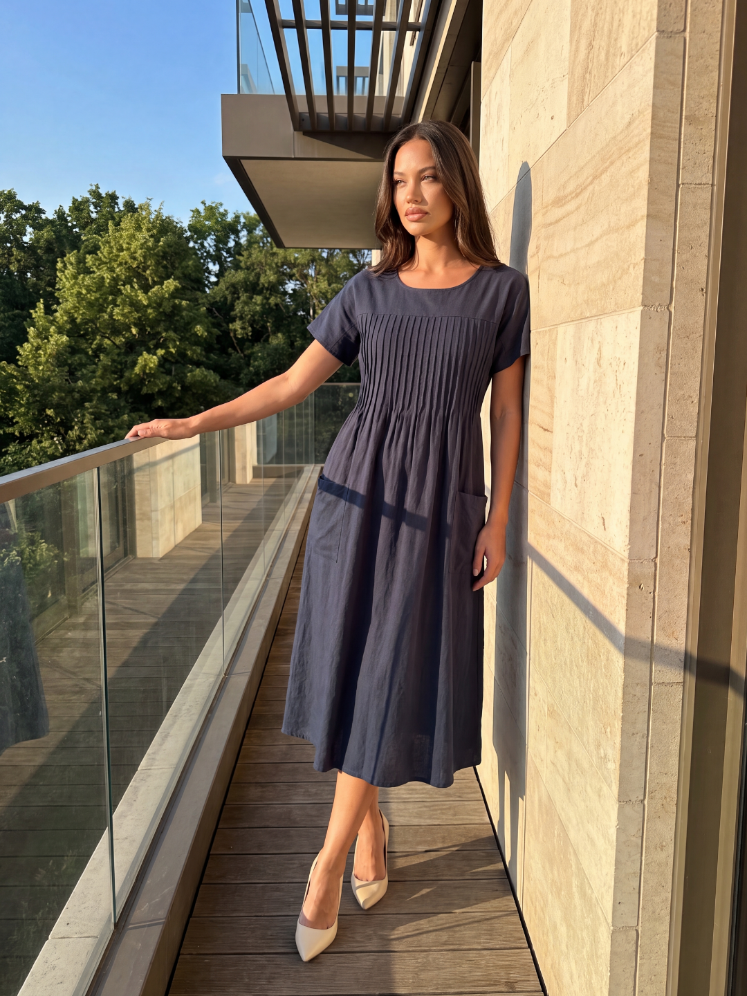 TARIAN Women's Pintuck Pocket Relaxed Midi Dress