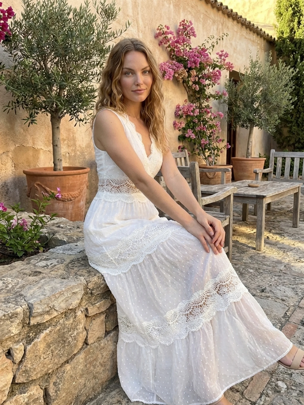 AMORET Women's Boho Lace-Panel V-Neck Maxi Dress