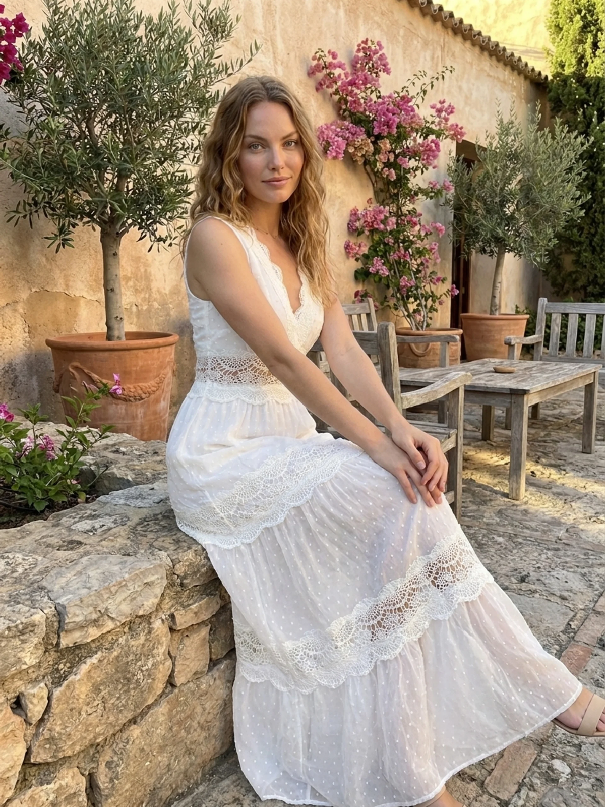 AMORET Women's Boho Lace-Panel V-Neck Maxi Dress
