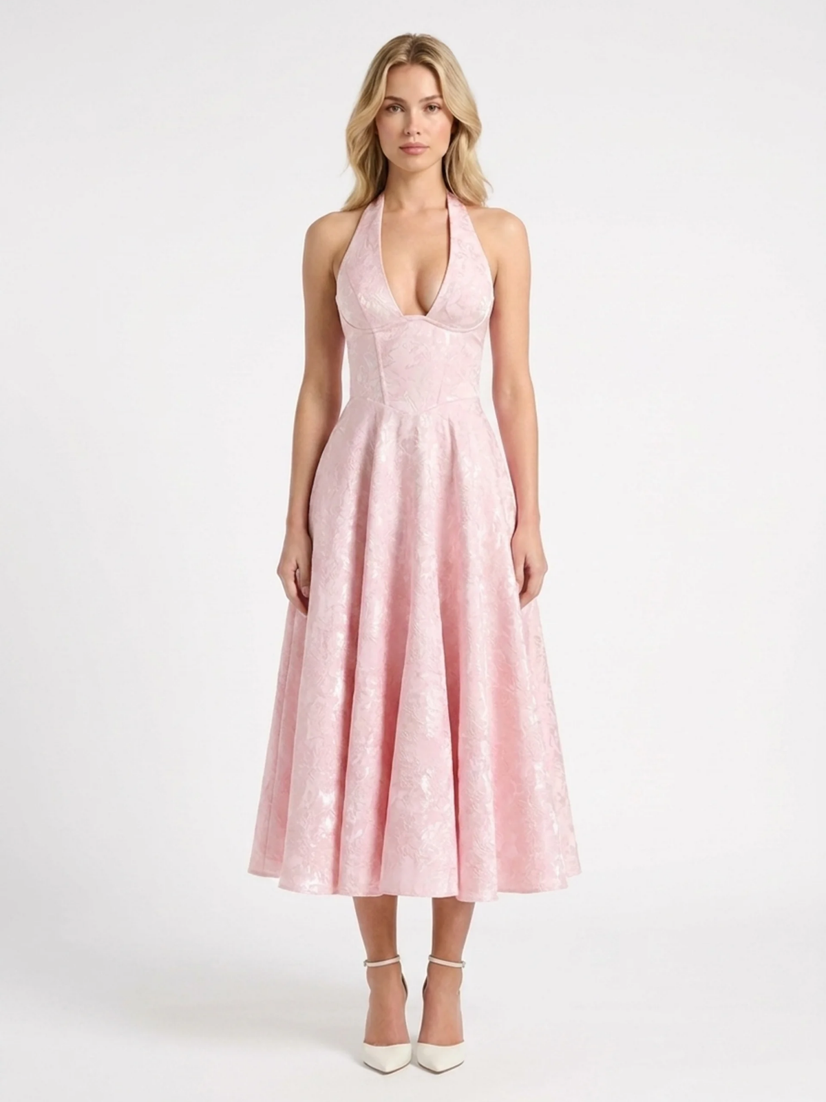 SAFFRON Women's Halter Corset Midi Dress with Full Skirt