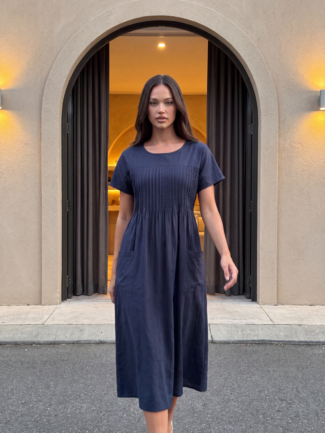 TARIAN Women's Pintuck Pocket Relaxed Midi Dress
