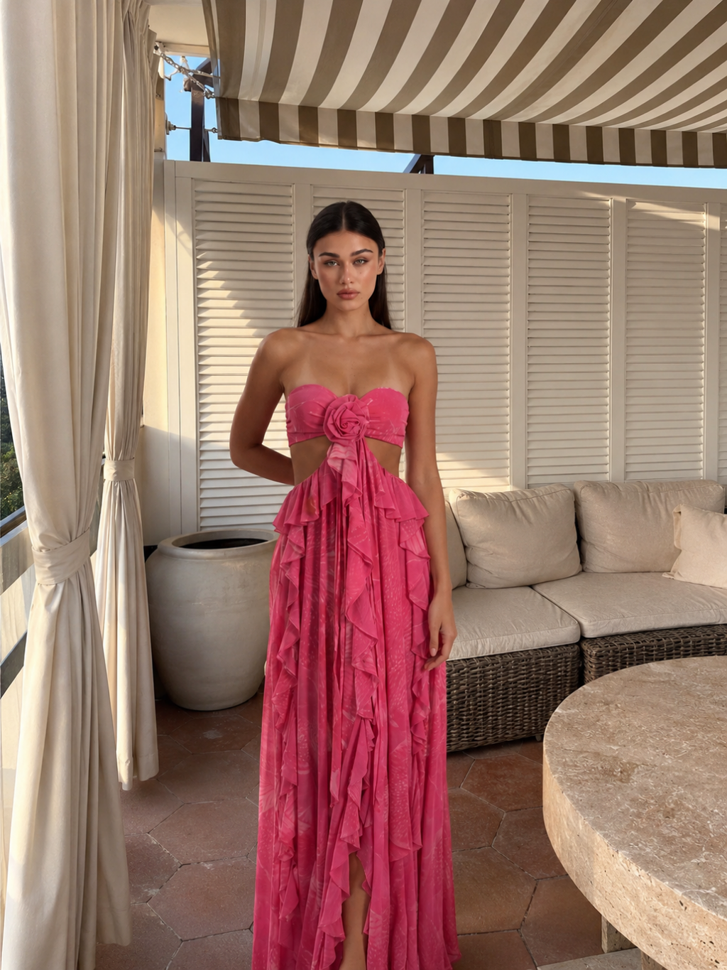 YASMEEN Women's Cut-Out Ruffle Maxi Dress with Rosette Detail
