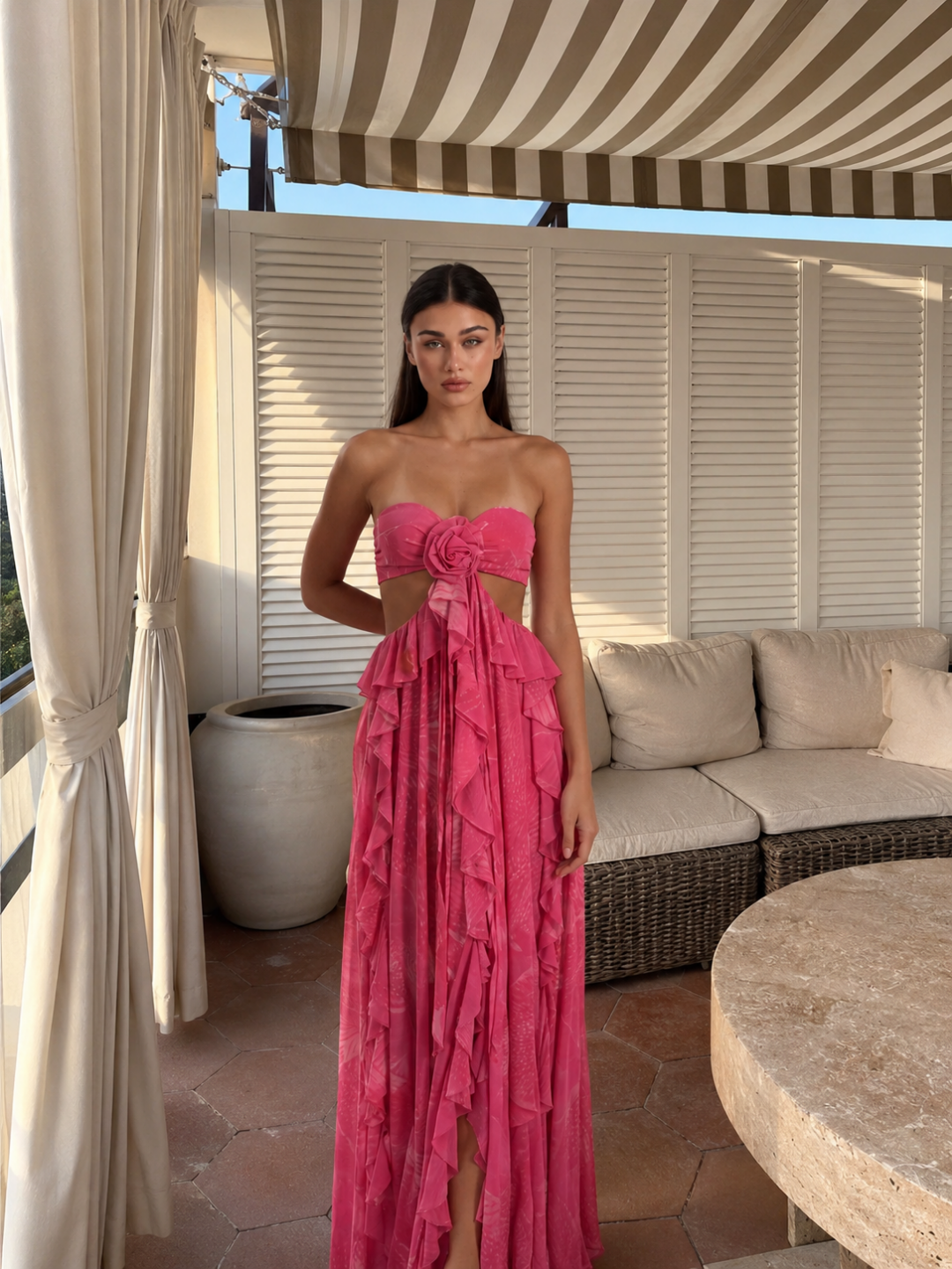 YASMEEN Women's Cut-Out Ruffle Maxi Dress with Rosette Detail