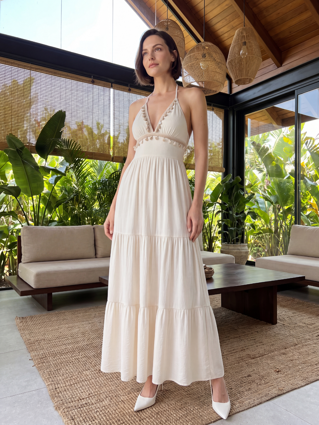 RHEA Women's Halter Neck Open Back Boho Maxi Dress