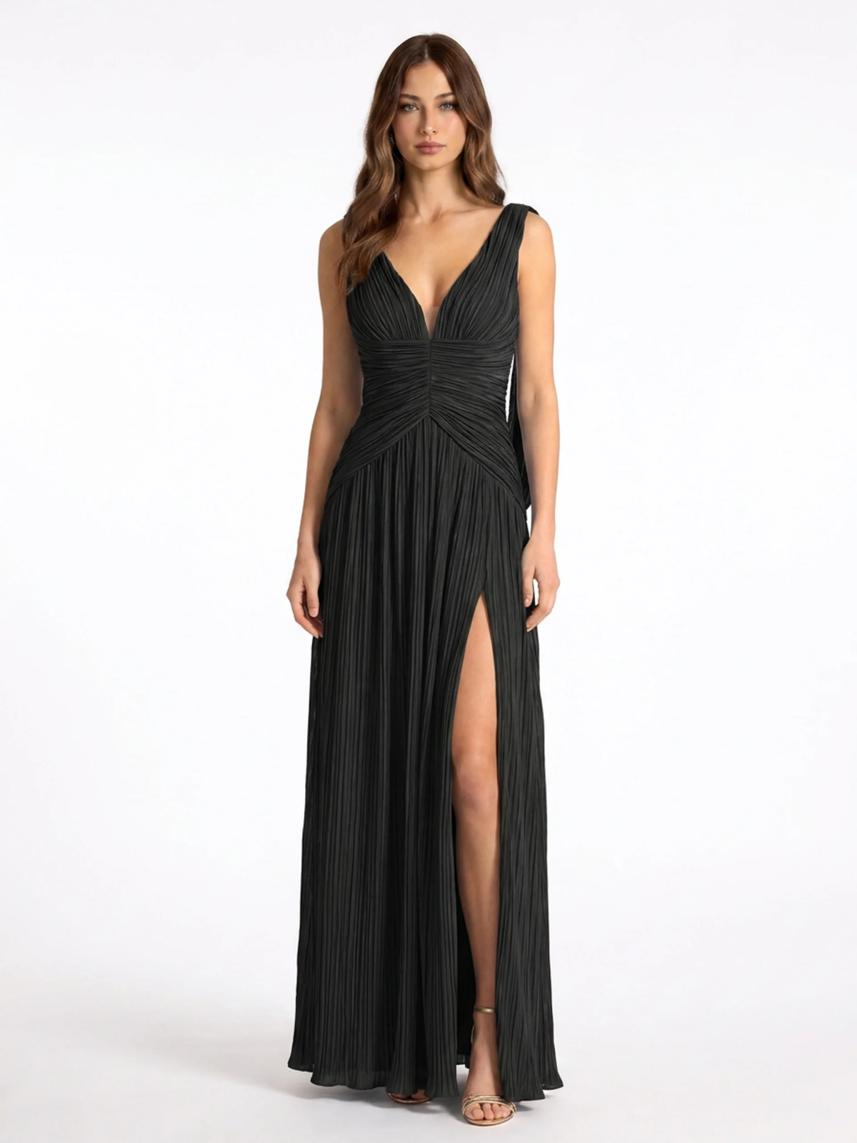 CORALINE Women's Pleated V-Neck Maxi Dress with High Slit