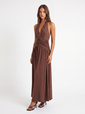 CLARABEL Women's Halterneck Ruched Maxi Dress with Plunge Neckline