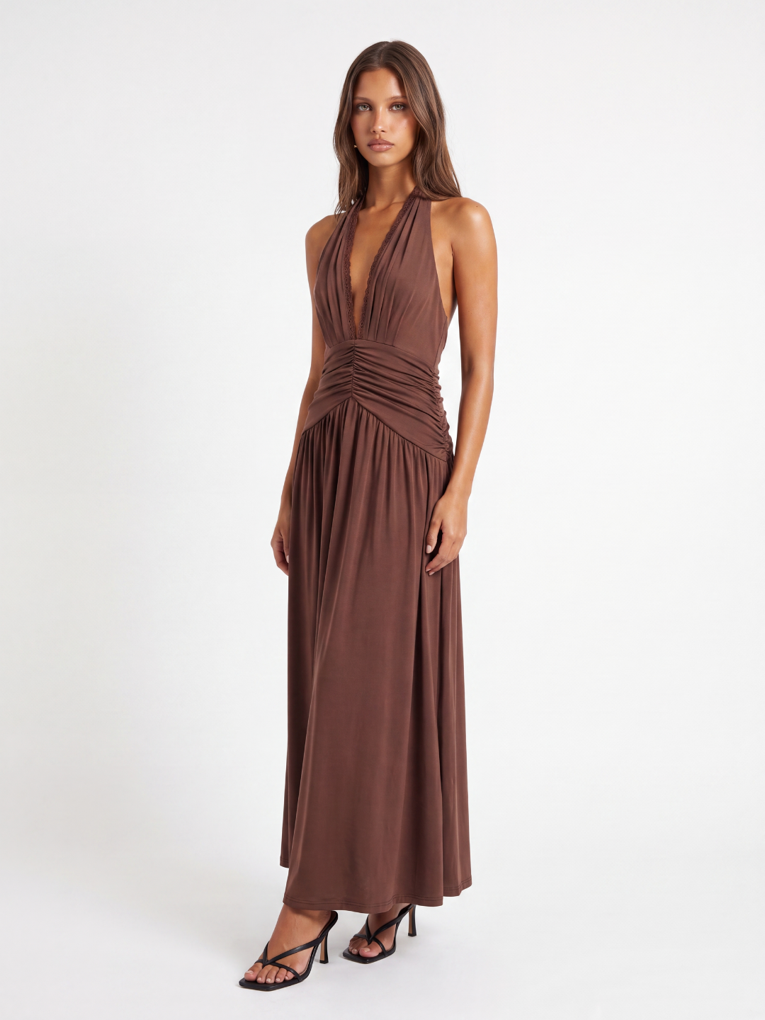 CLARABEL Women's Halterneck Ruched Maxi Dress with Plunge Neckline