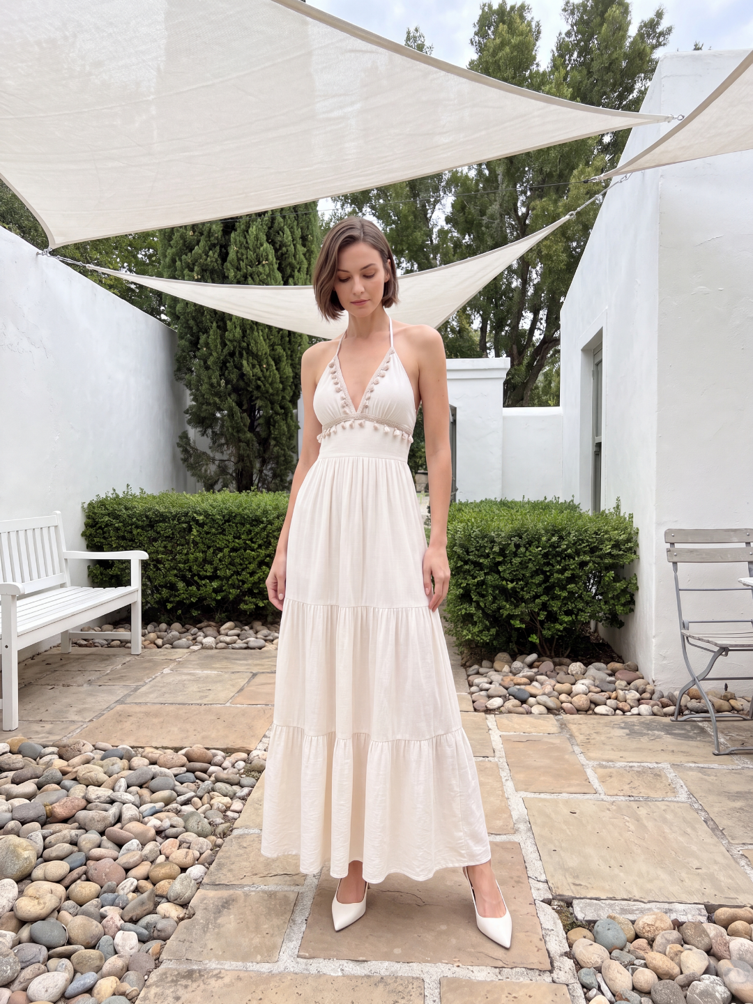 RHEA Women's Halter Neck Open Back Boho Maxi Dress