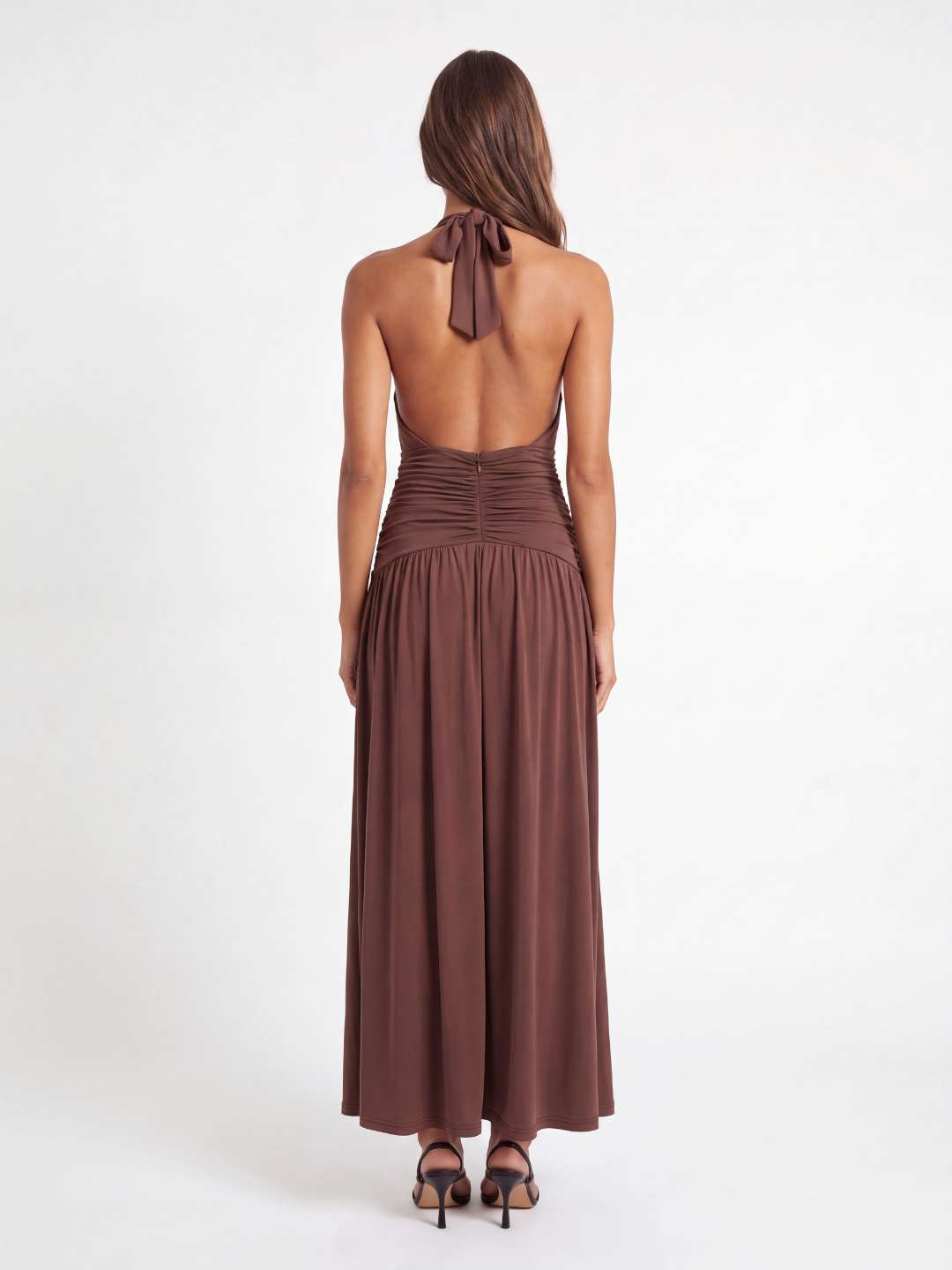 CLARABEL Women's Halterneck Ruched Maxi Dress with Plunge Neckline