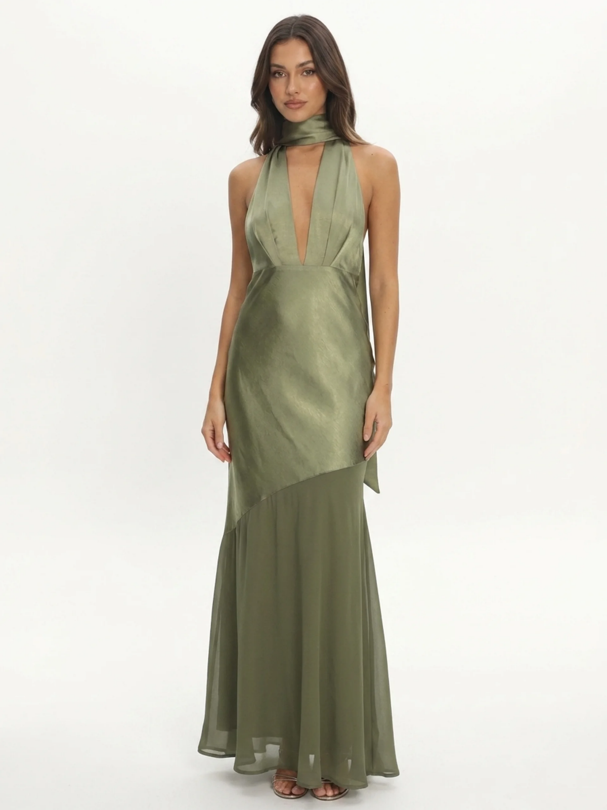 PALMIRA Women's Plunge Halterneck Backless Satin Maxi Gown