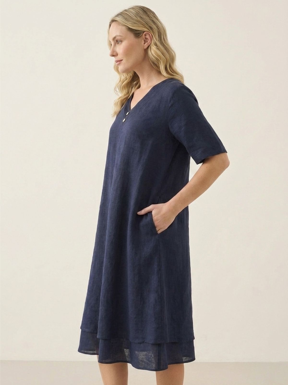PALMA Women's Short Sleeve Linen Midi Dress with Double Layer Hem