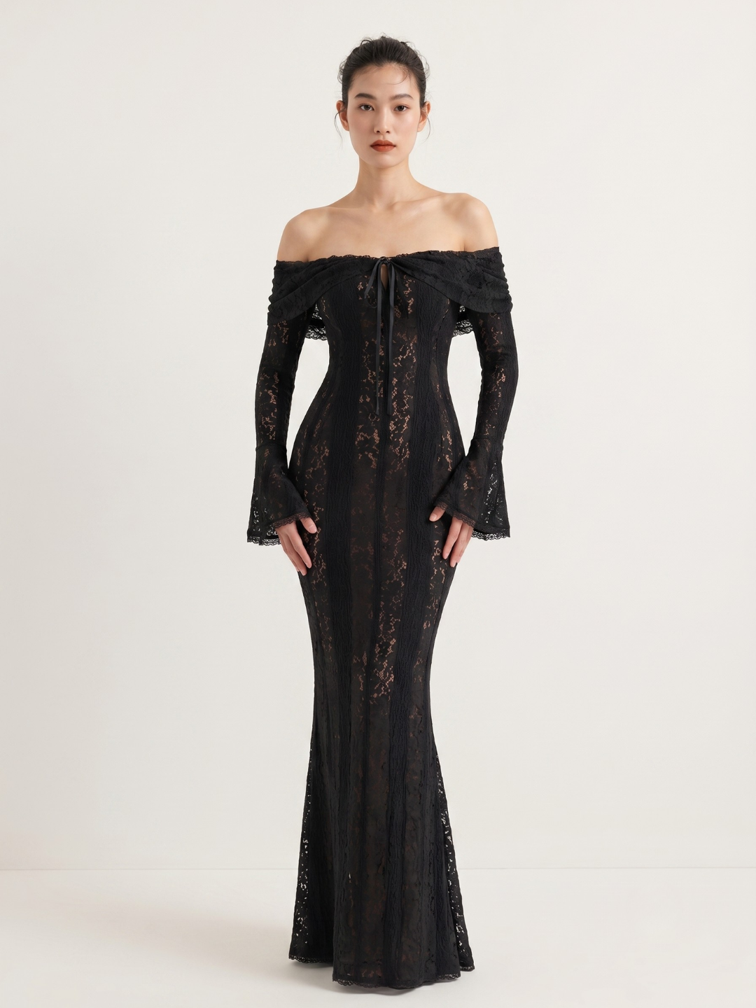 ORIANNA Women's Off-Shoulder Lace Maxi Dress with Godet Skirt