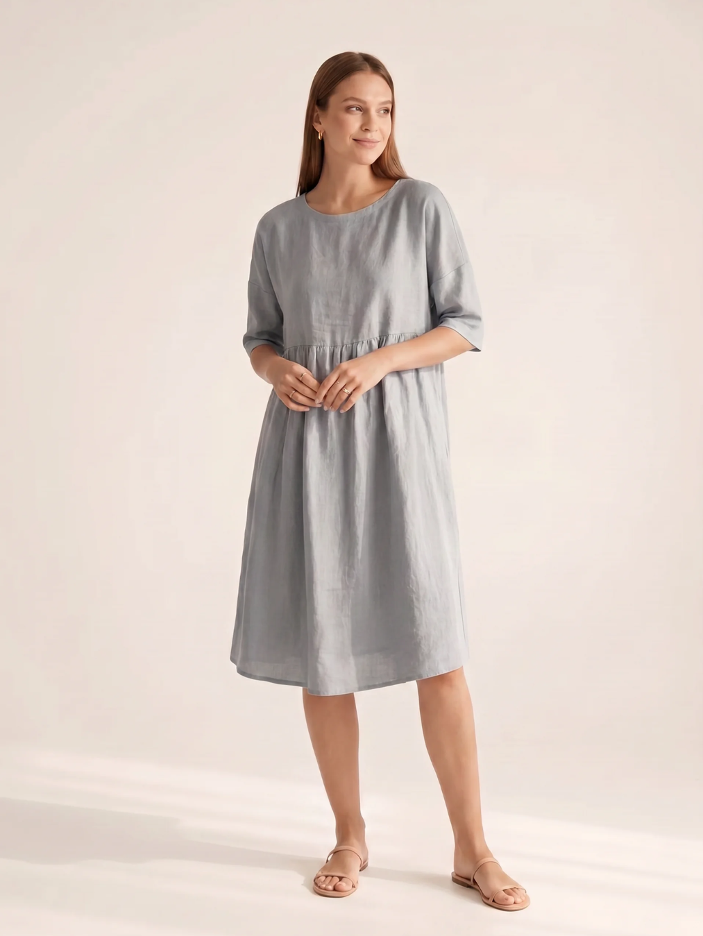 WINTRESS Women's Three-Quarter Sleeve Linen A-Line Midi Dress with Pockets