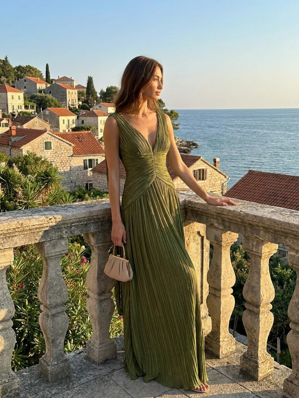 CORALINE Women's Pleated V-Neck Maxi Dress with High Slit
