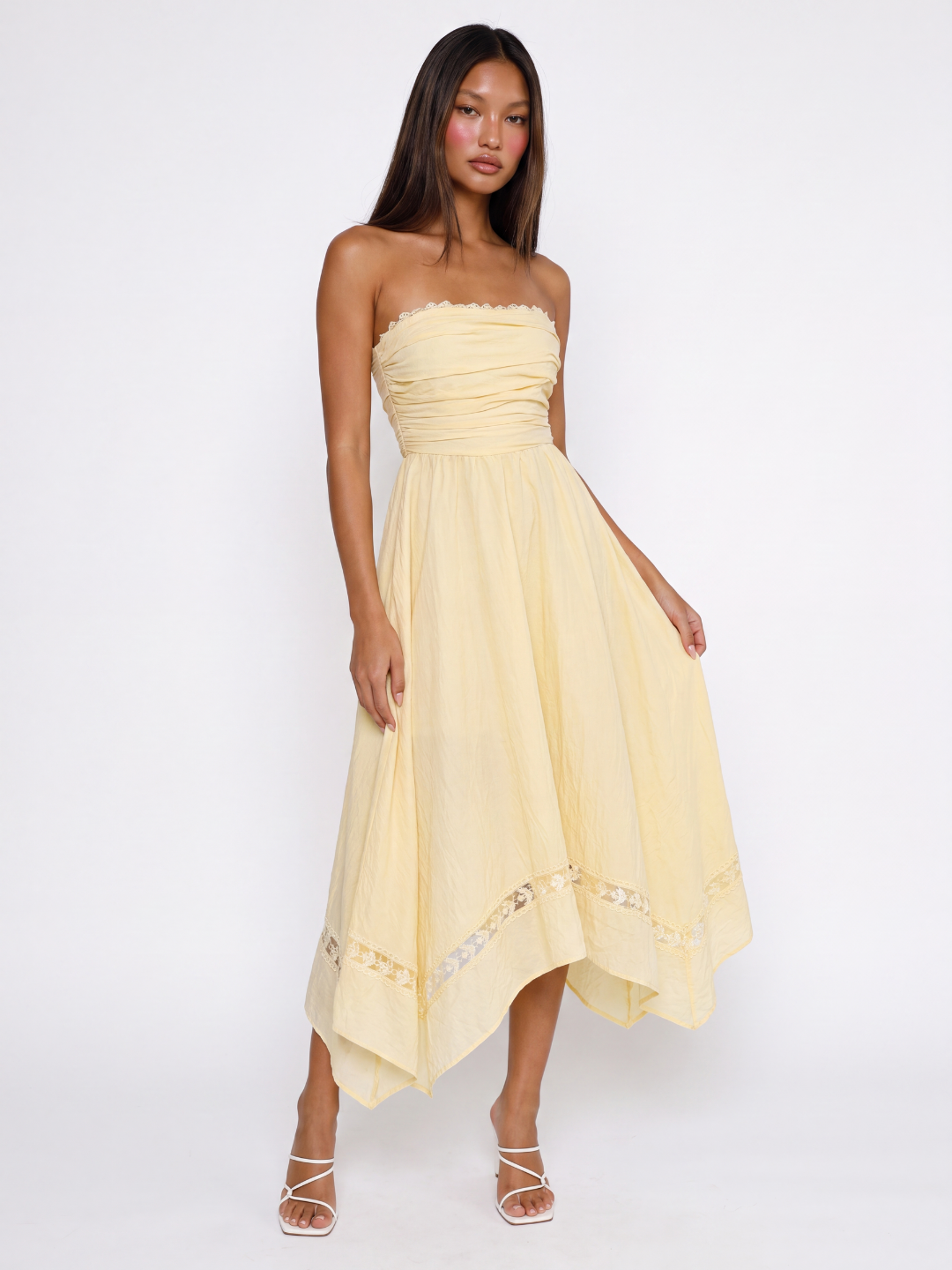 ORLAITH Women's Strapless Asymmetric Midi Dress with Lace Trim