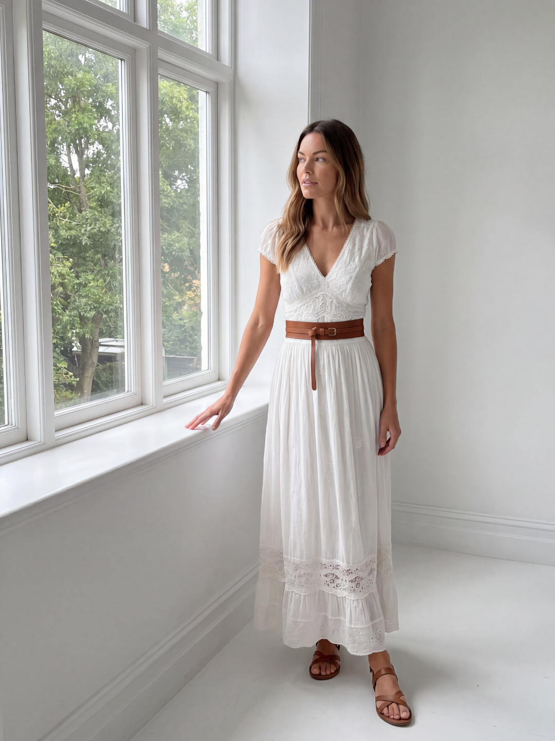 QUORRA Women's Puff Sleeve Lace Embroidered Boho Maxi Dress