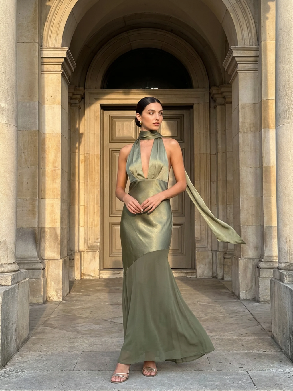 PALMIRA Women's Plunge Halterneck Backless Satin Maxi Gown