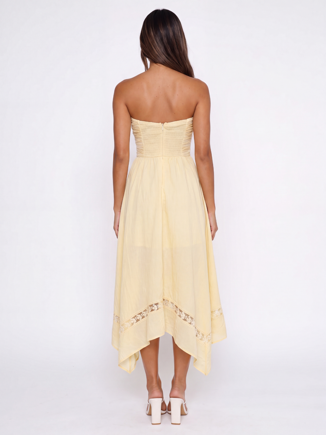 ORLAITH Women's Strapless Asymmetric Midi Dress with Lace Trim