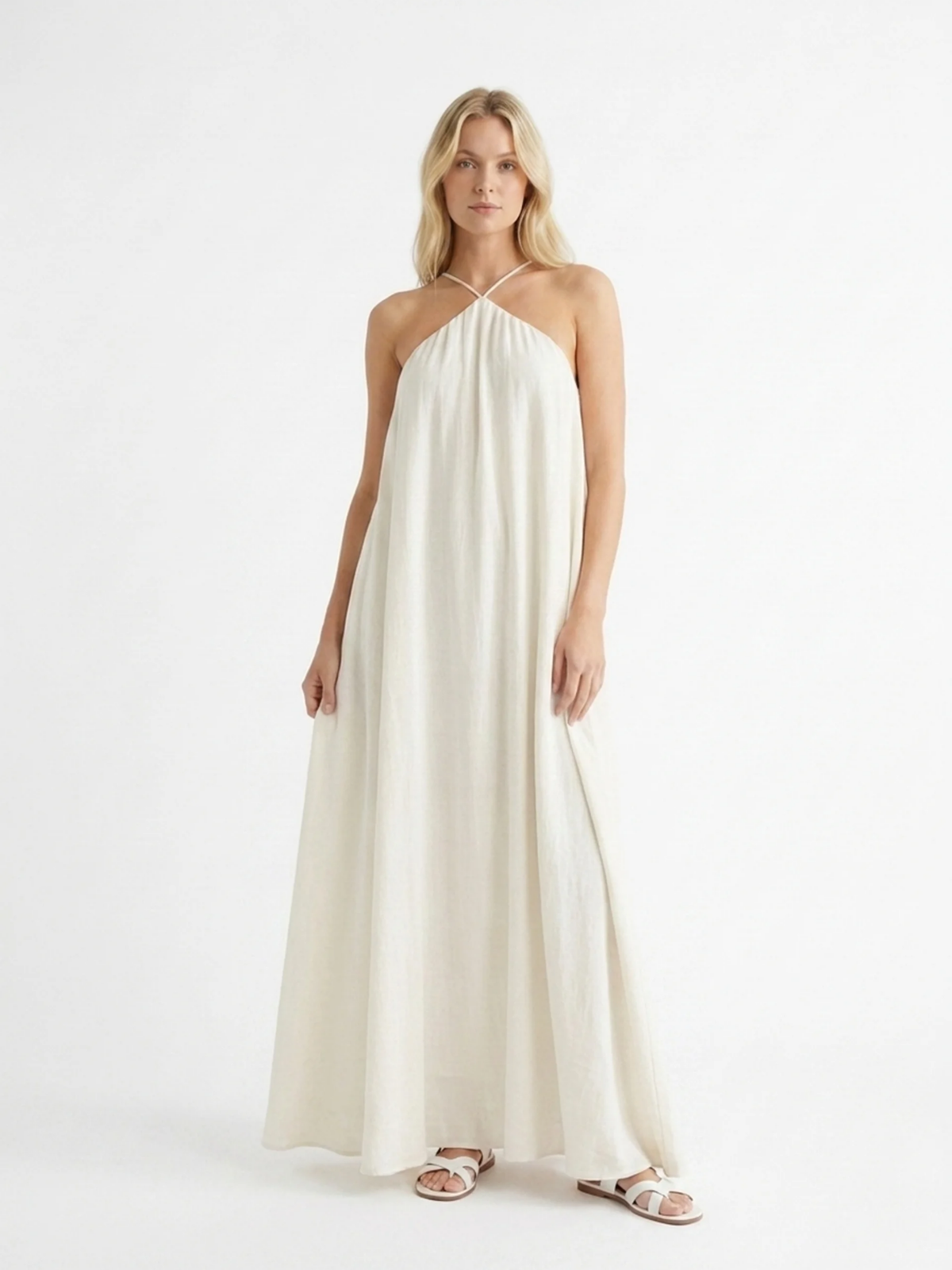 CORVALINE Women's Halter Neck Draped Linen-Blend Maxi Dress