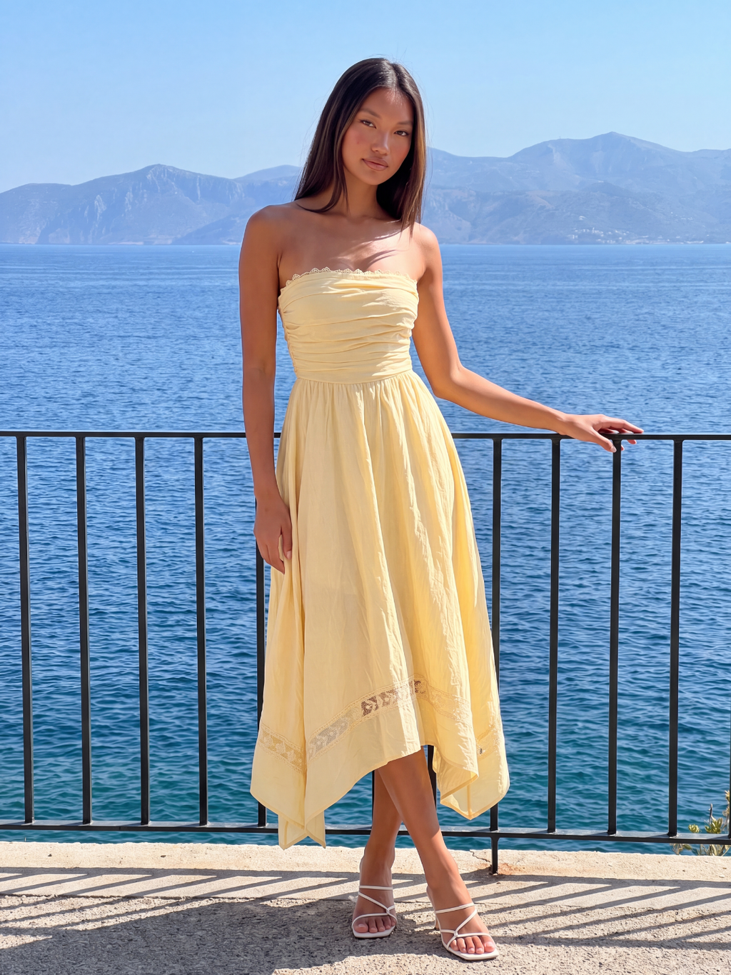 ORLAITH Women's Strapless Asymmetric Midi Dress with Lace Trim