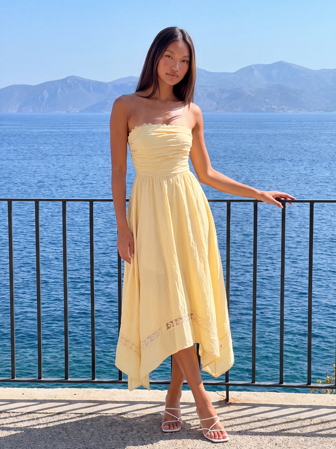 ORLAITH Women's Strapless Asymmetric Midi Dress with Lace Trim