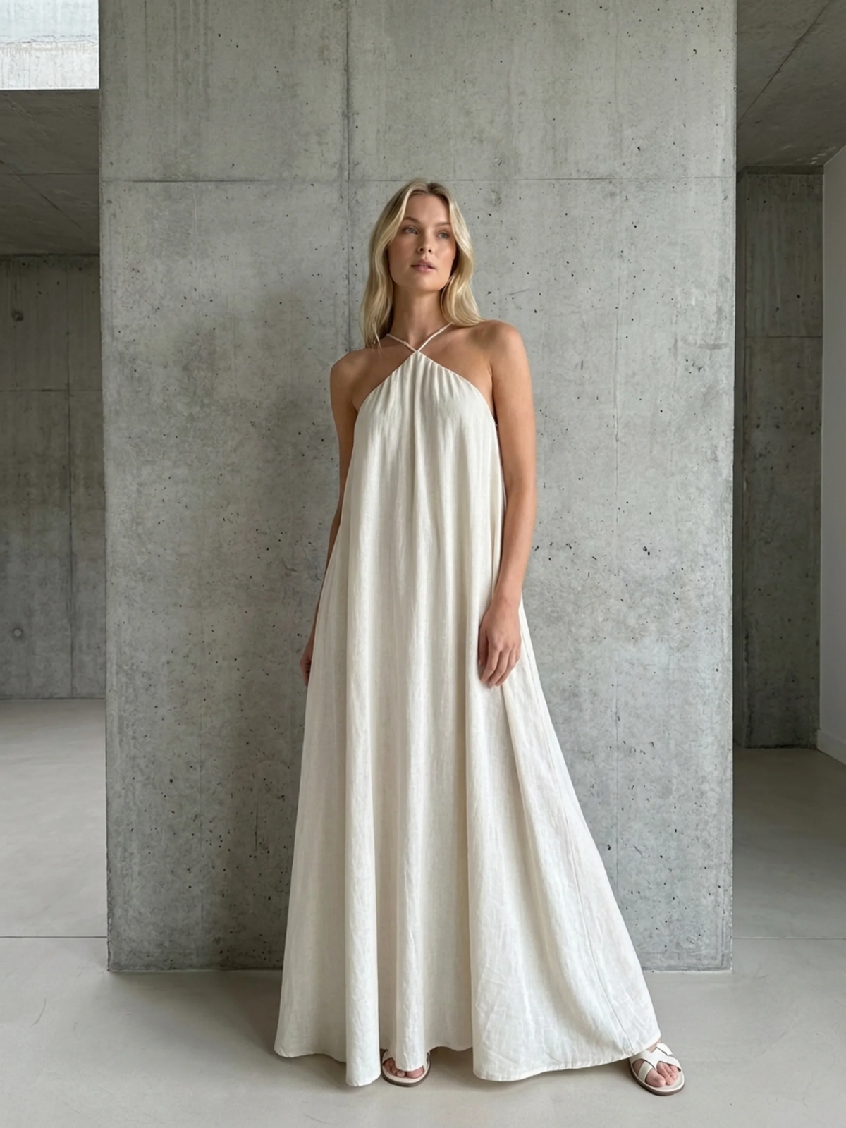 CORVALINE Women's Halter Neck Draped Linen-Blend Maxi Dress