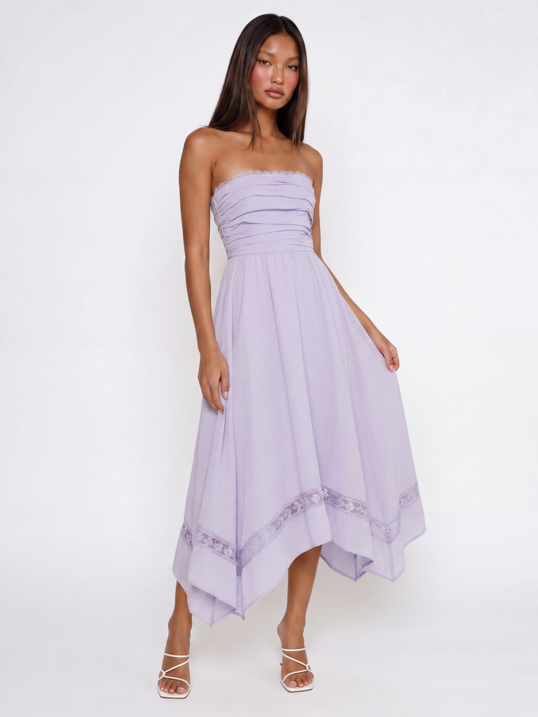 ORLAITH Women's Strapless Asymmetric Midi Dress with Lace Trim