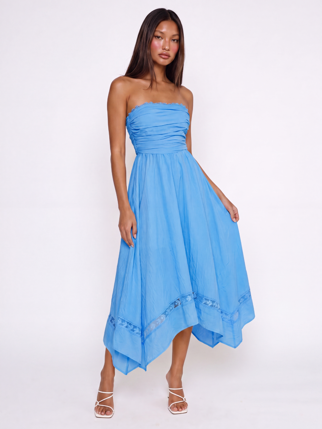 ORLAITH Women's Strapless Asymmetric Midi Dress with Lace Trim