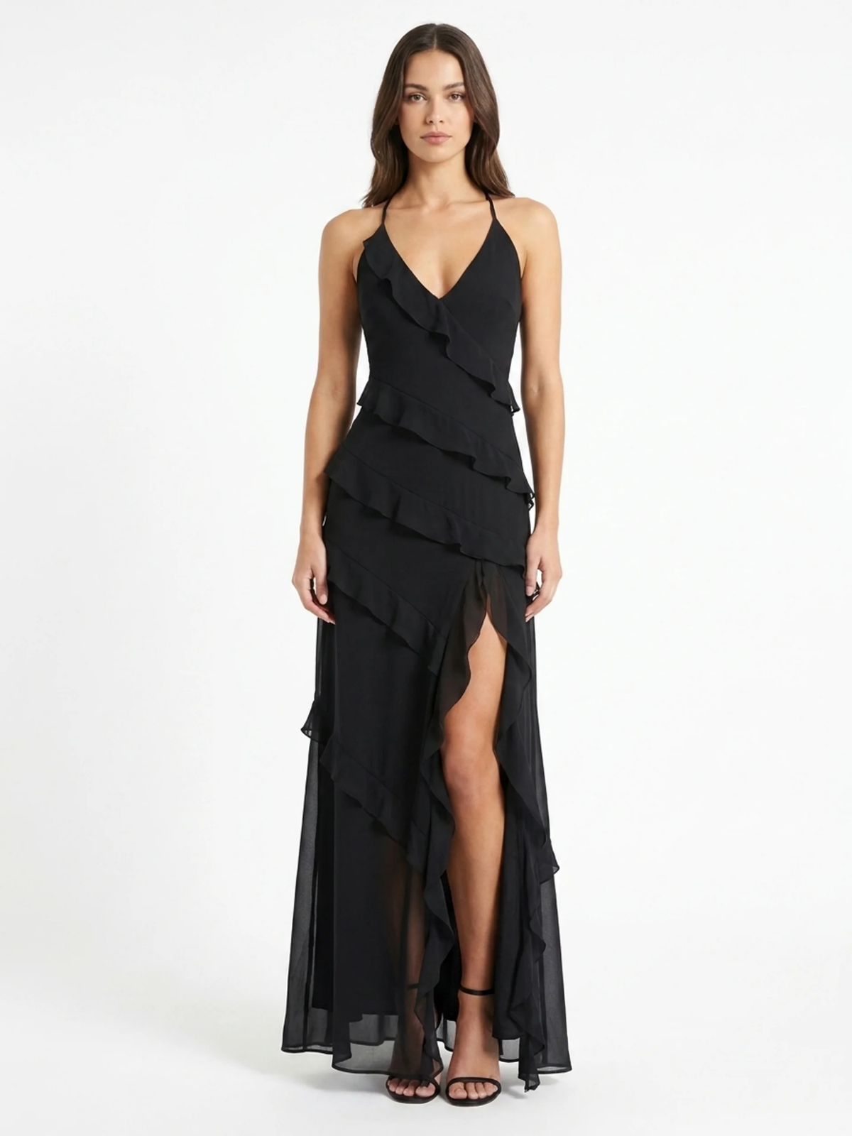 ISADELLE Women's V-Neck Ruffle Maxi Dress with Split