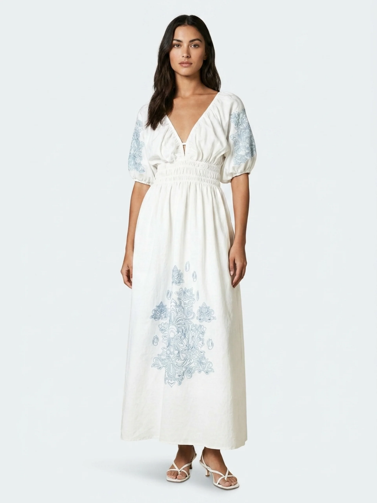 SOLENNE Women's Puff Sleeve Embroidered Boho Maxi Dress