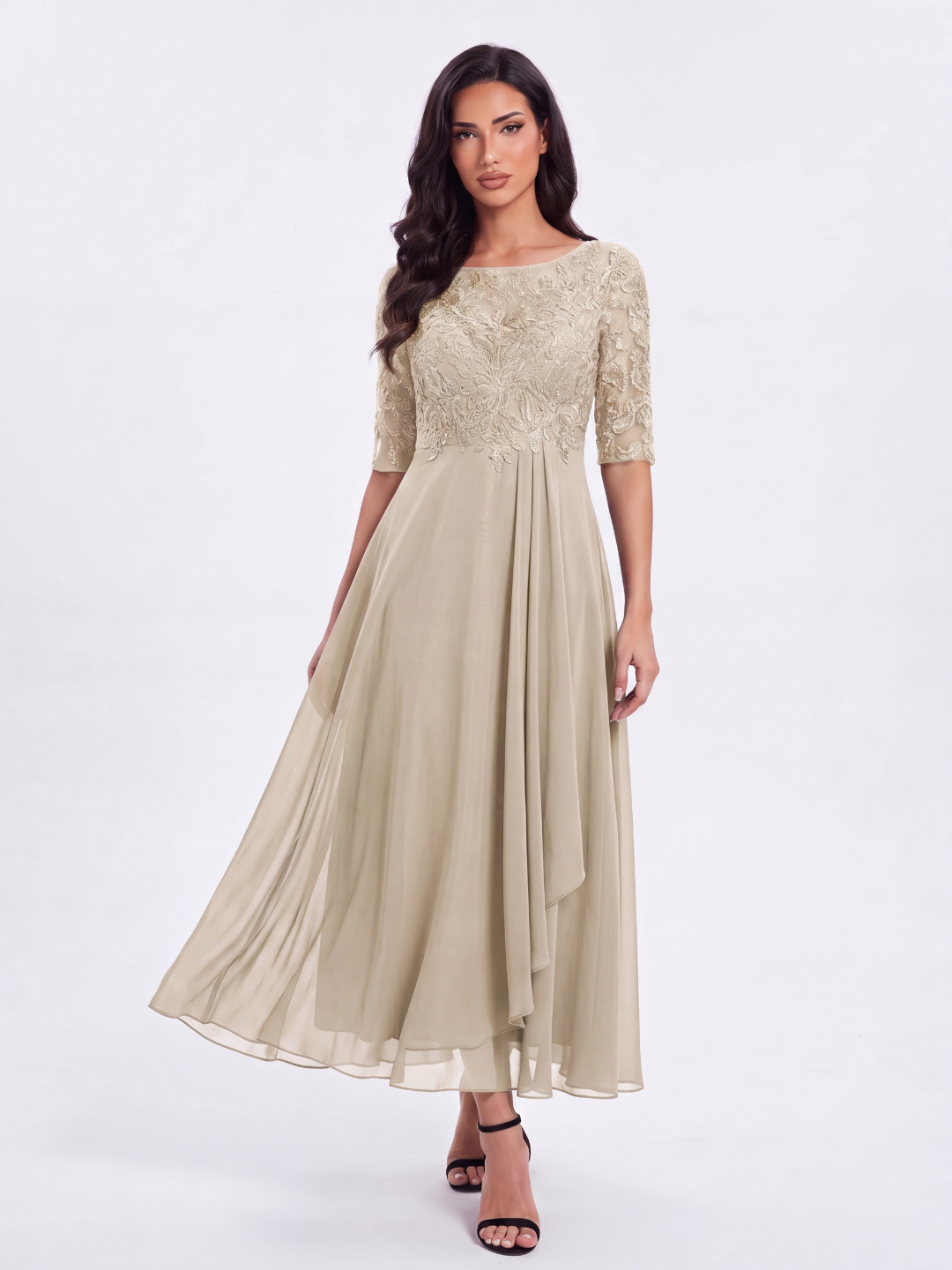 CELESTINA Women's Lace Bodice Chiffon Midi Dress
