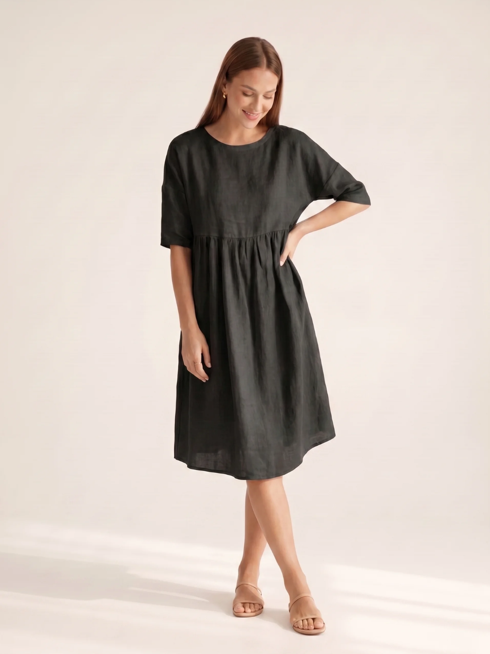 WINTRESS Women's Three-Quarter Sleeve Linen A-Line Midi Dress with Pockets