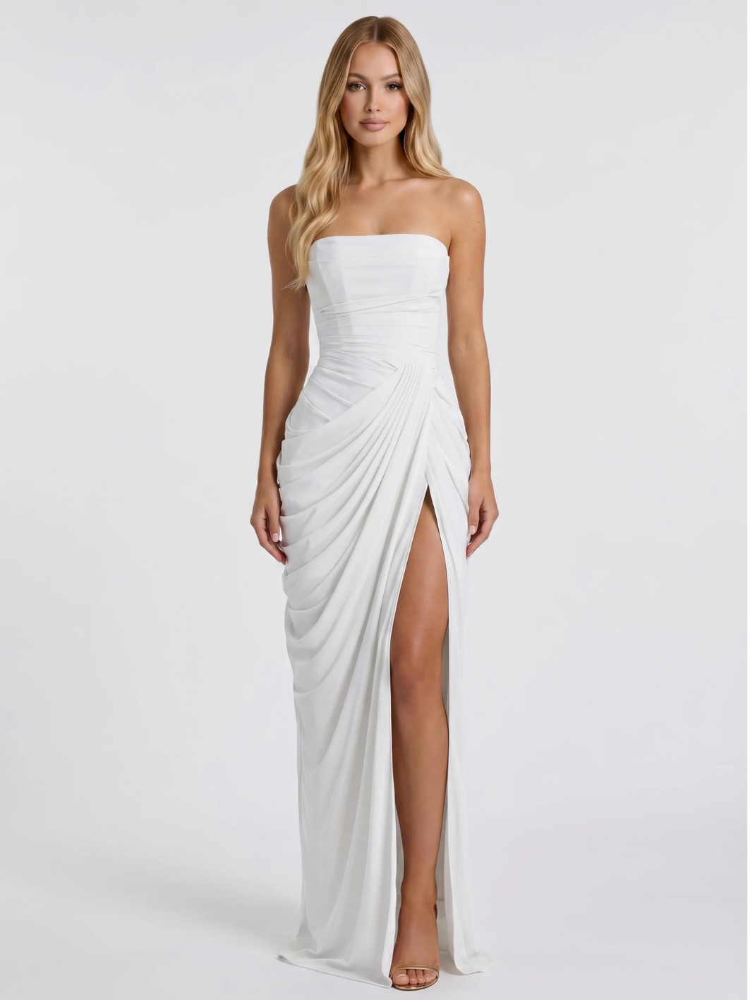 OKSANA Women's Strapless Ruched Draped-Skirt Maxi Dress with Front Slit