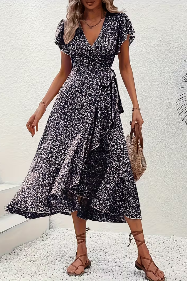 JORUNN Women's Short Sleeve Floral Print Wrap Maxi Dress