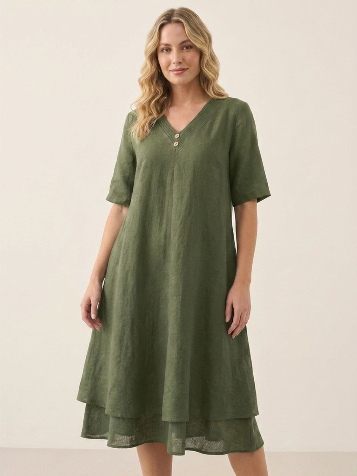 PALMA Women's Short Sleeve Linen Midi Dress with Double Layer Hem