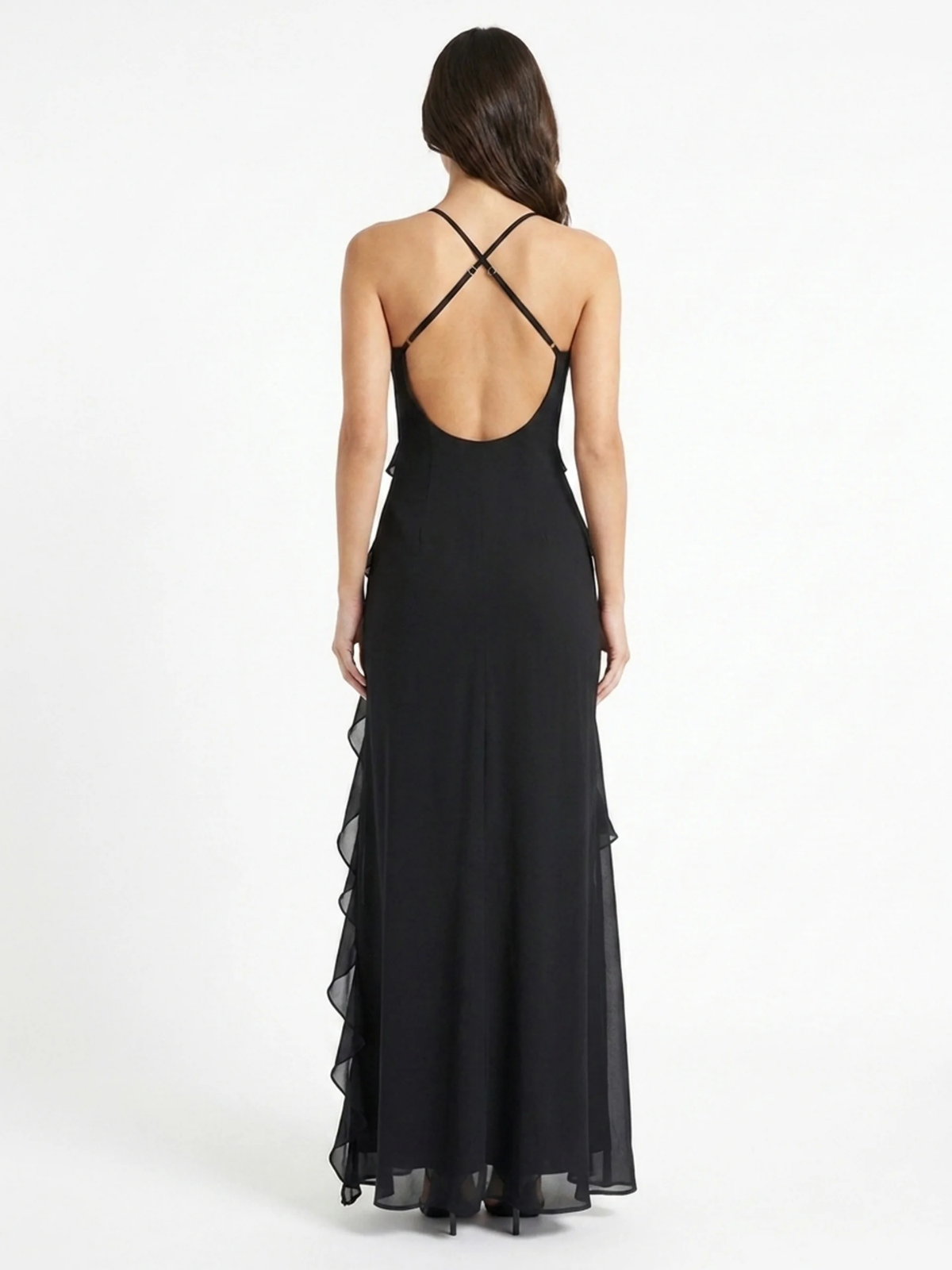 ISADELLE Women's V-Neck Ruffle Maxi Dress with Split