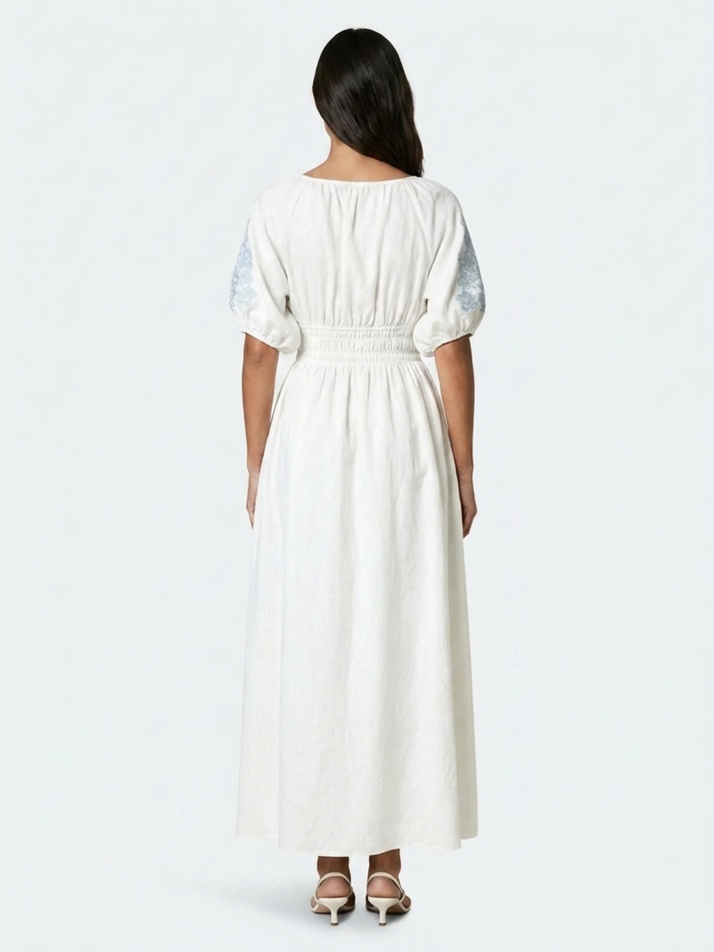 SOLENNE Women's Puff Sleeve Embroidered Boho Maxi Dress