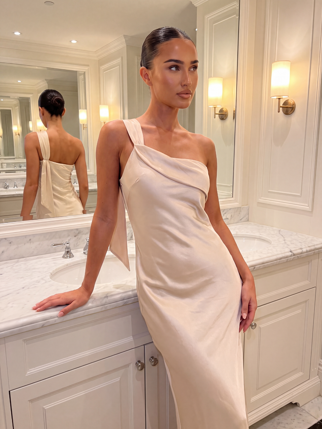BELLAMY Women's Satin One-Shoulder Bias-Cut Maxi Dress