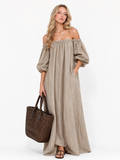 ELETTRA Women's Off Shoulder Striped Puff Sleeve Maxi Dress