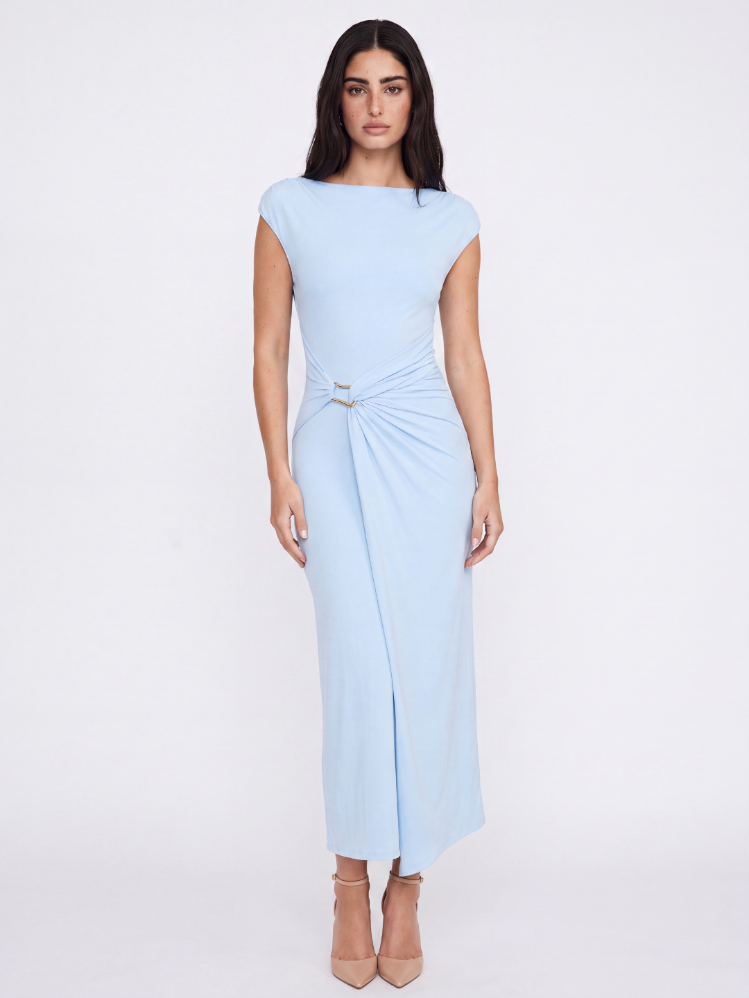 MIREN Women's Draped Wrap Midi Dress with Gold Detail