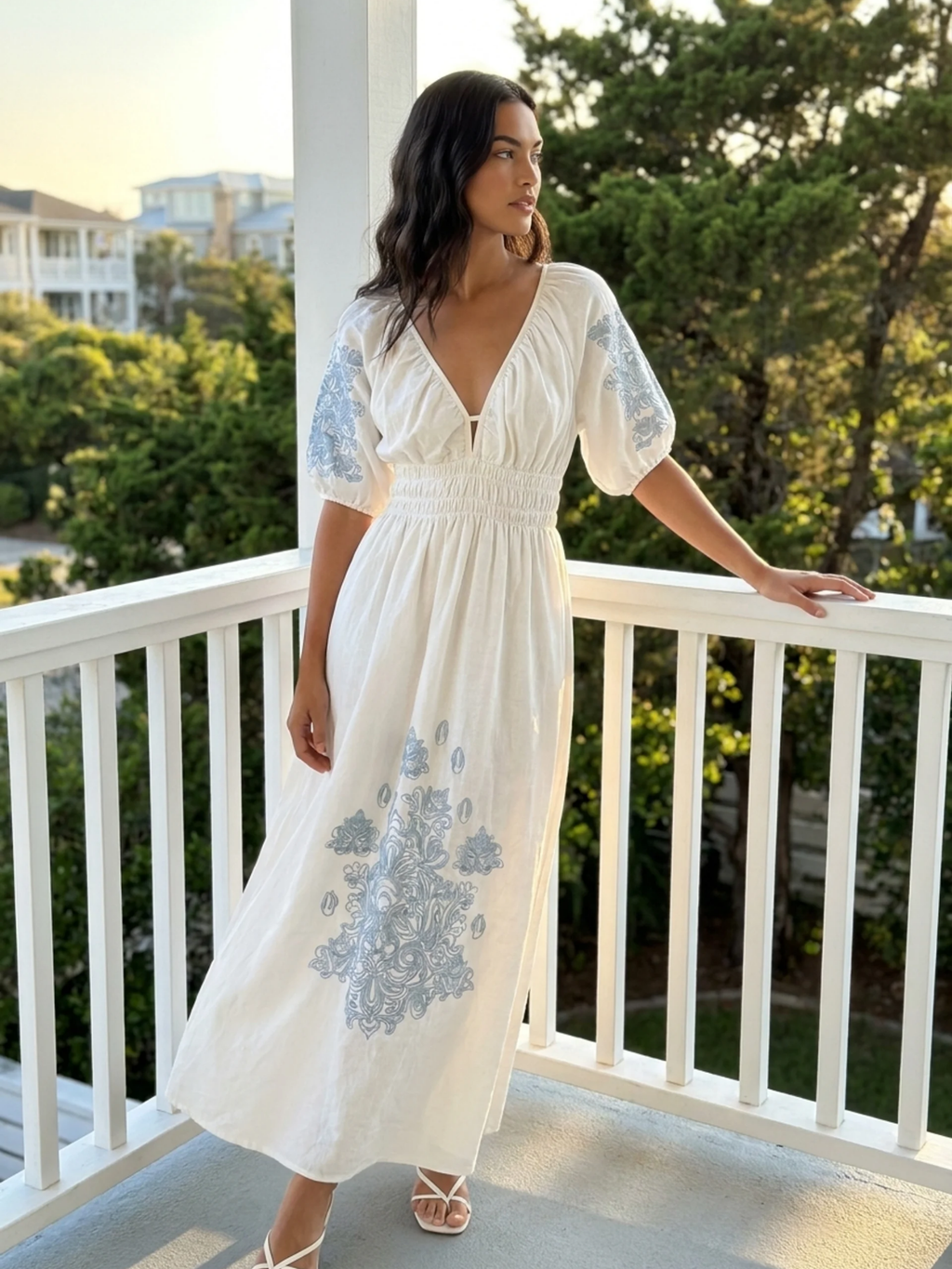 SOLENNE Women's Puff Sleeve Embroidered Boho Maxi Dress
