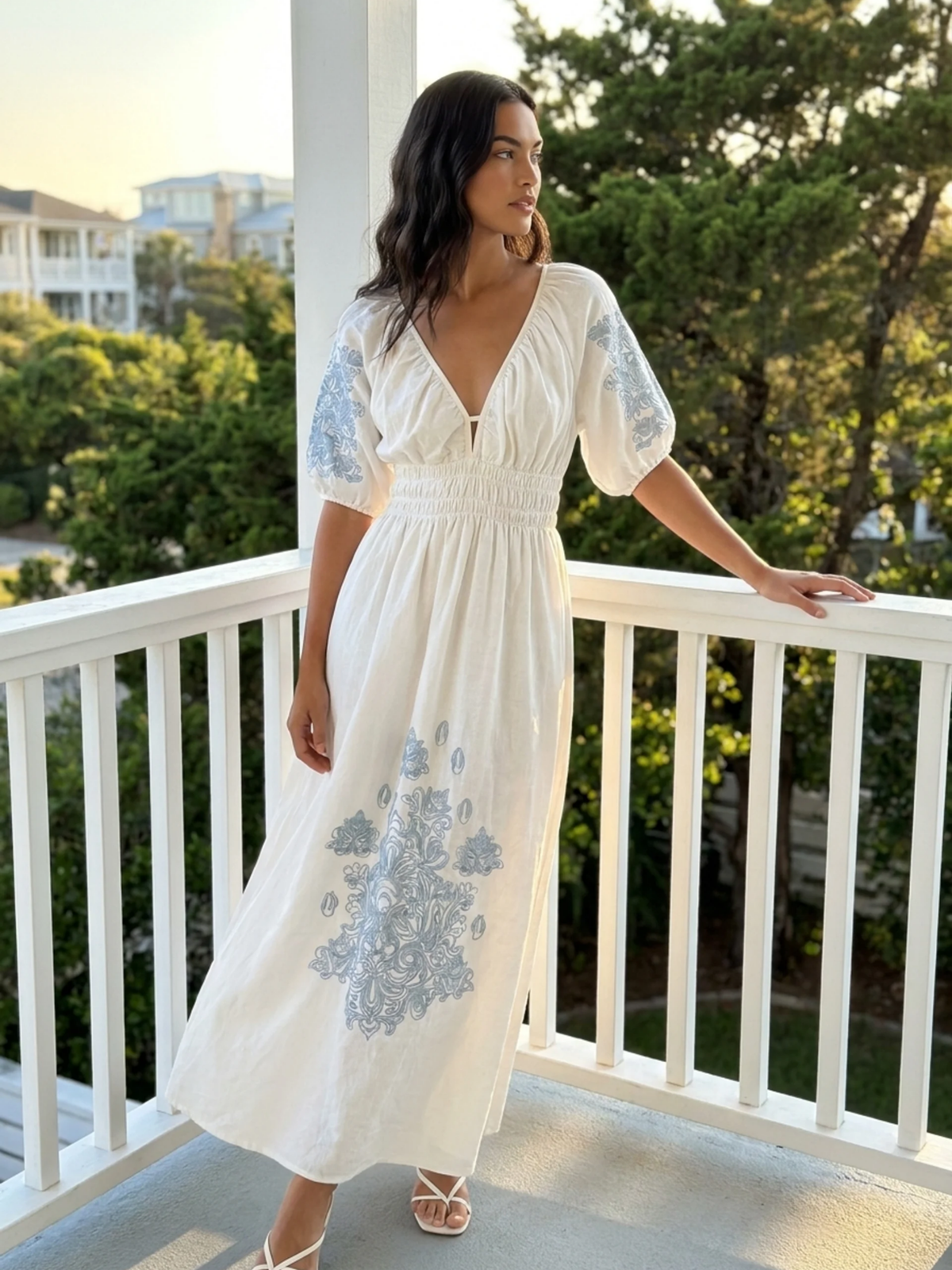 SOLENNE Women's Puff Sleeve Embroidered Boho Maxi Dress