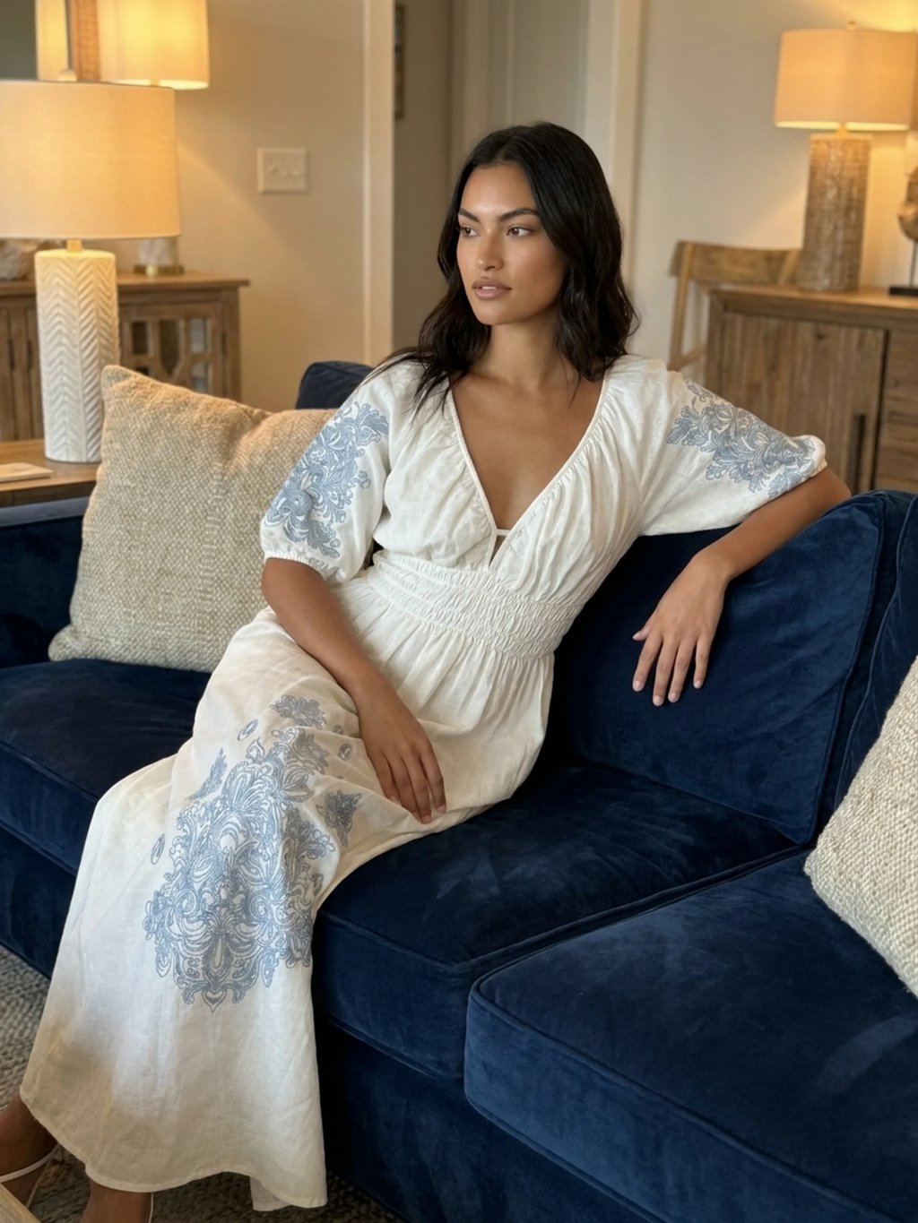 SOLENNE Women's Puff Sleeve Embroidered Boho Maxi Dress