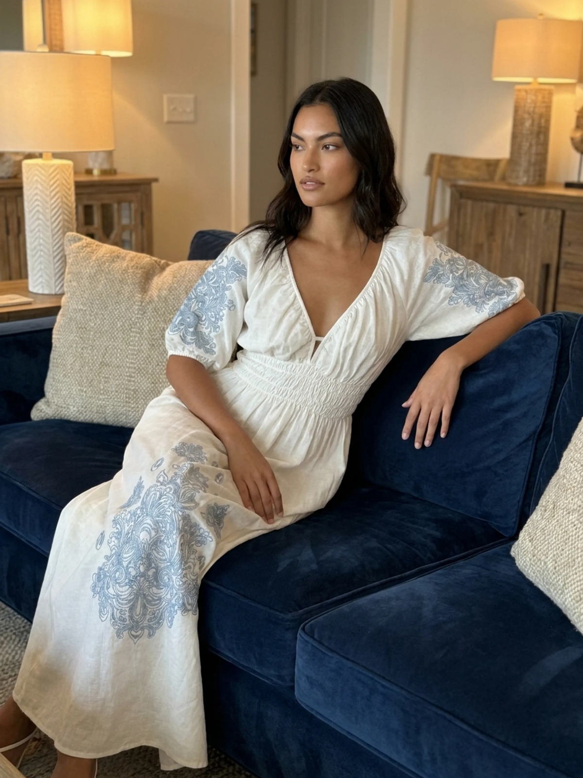 SOLENNE Women's Puff Sleeve Embroidered Boho Maxi Dress