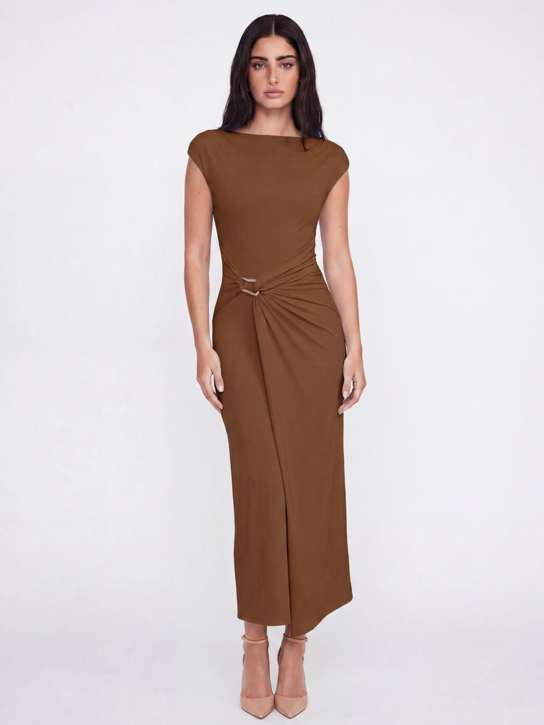 MIREN Women's Draped Wrap Midi Dress with Gold Detail