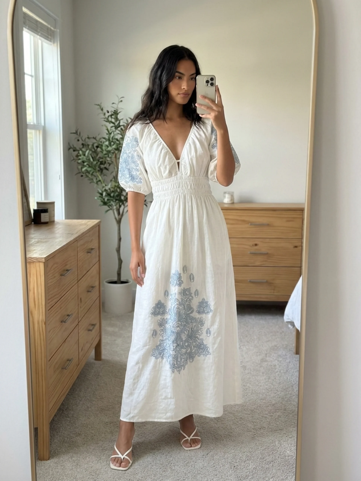SOLENNE Women's Puff Sleeve Embroidered Boho Maxi Dress