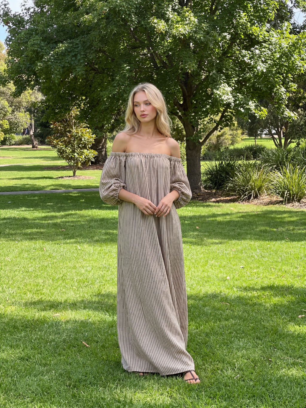 ELETTRA Women's Off Shoulder Striped Puff Sleeve Maxi Dress