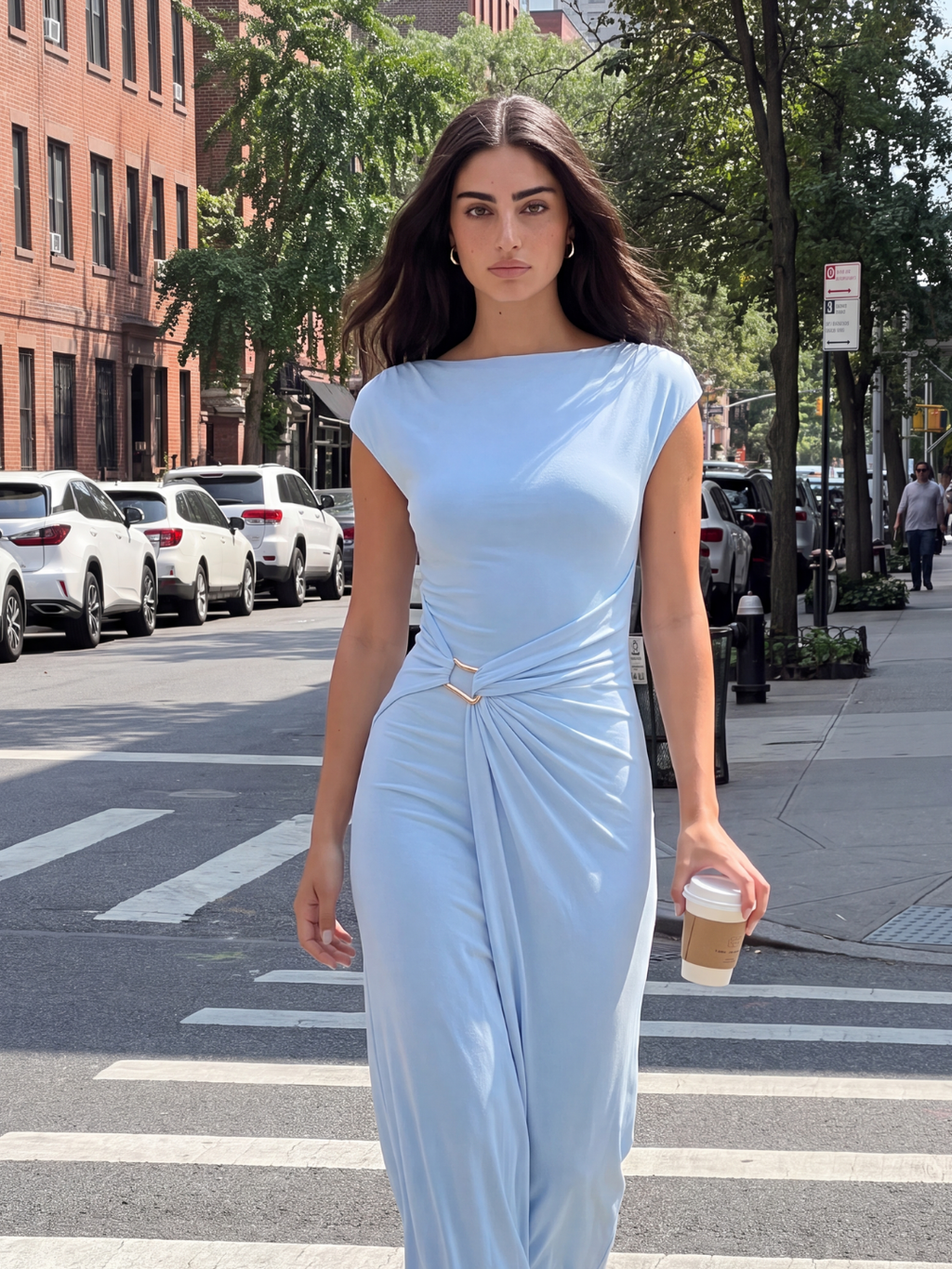MIREN Women's Draped Wrap Midi Dress with Gold Detail