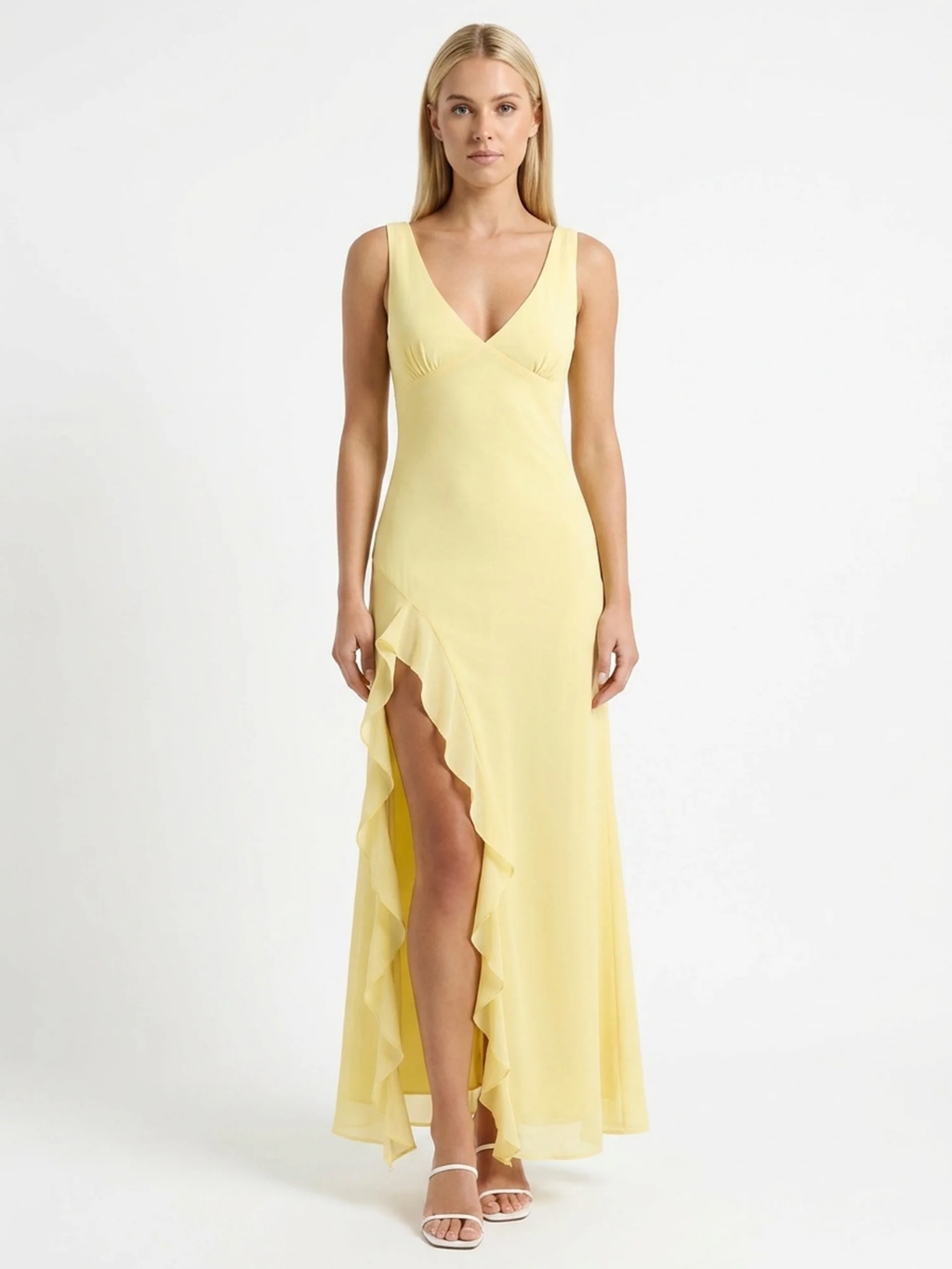 MARINA Women's Sleeveless V-Neck Maxi Dress with Ruffle Slit